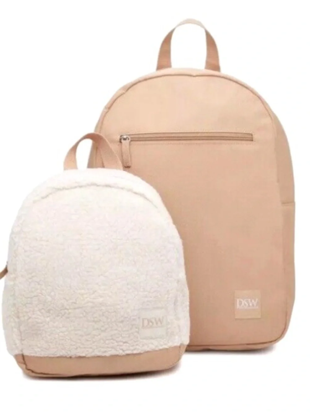 DSW Cream Sherpa Mini Backpack & Tan Canvas Backpack Duo